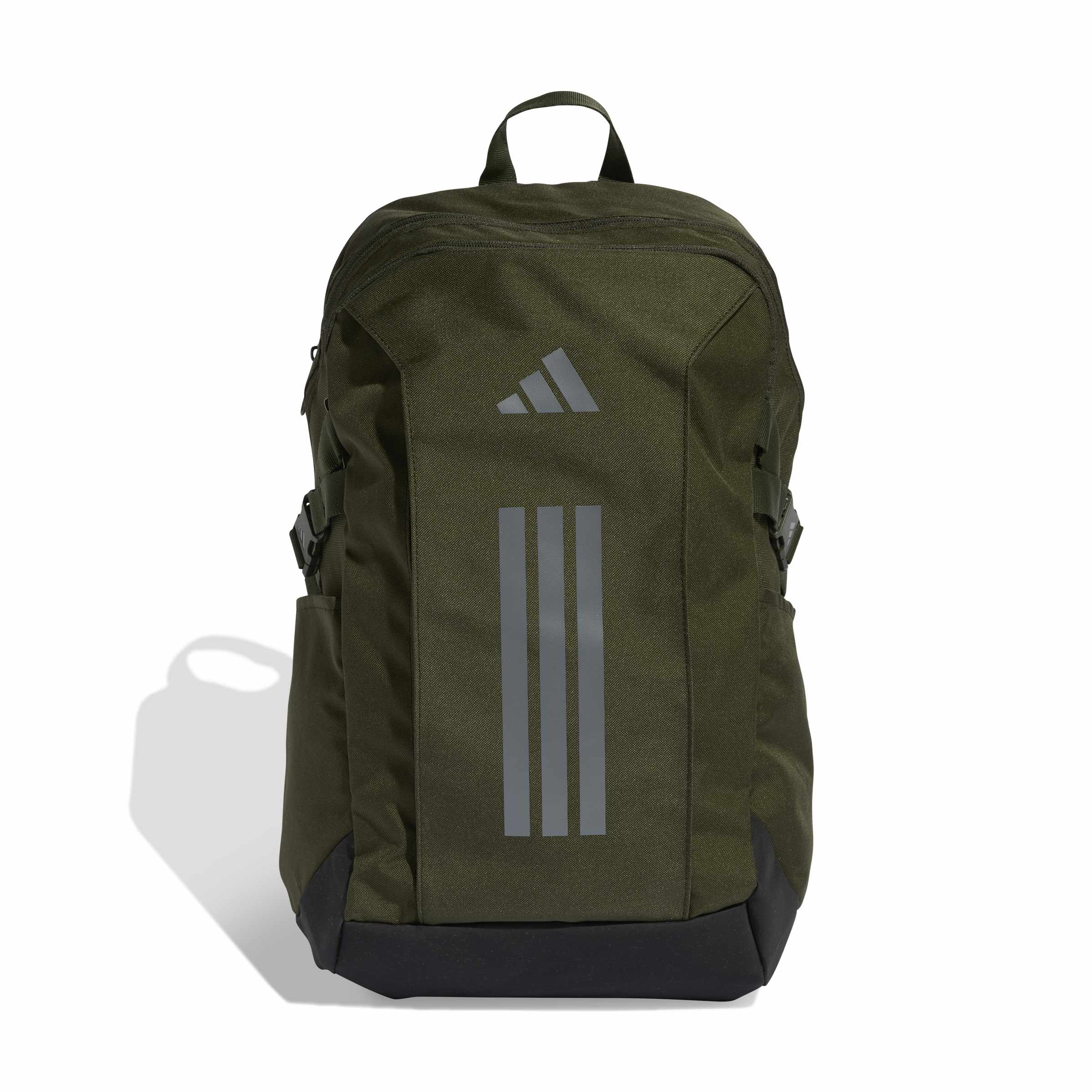 Mochila Adidas Evolution verde militar vista de costas com logo e listras cinzas